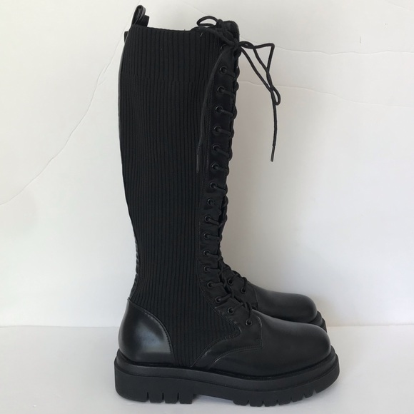 ASOS Truffle Collection Black Knee High Vegan Leather and Knitted Chunky Boots - Picture 4 of 8